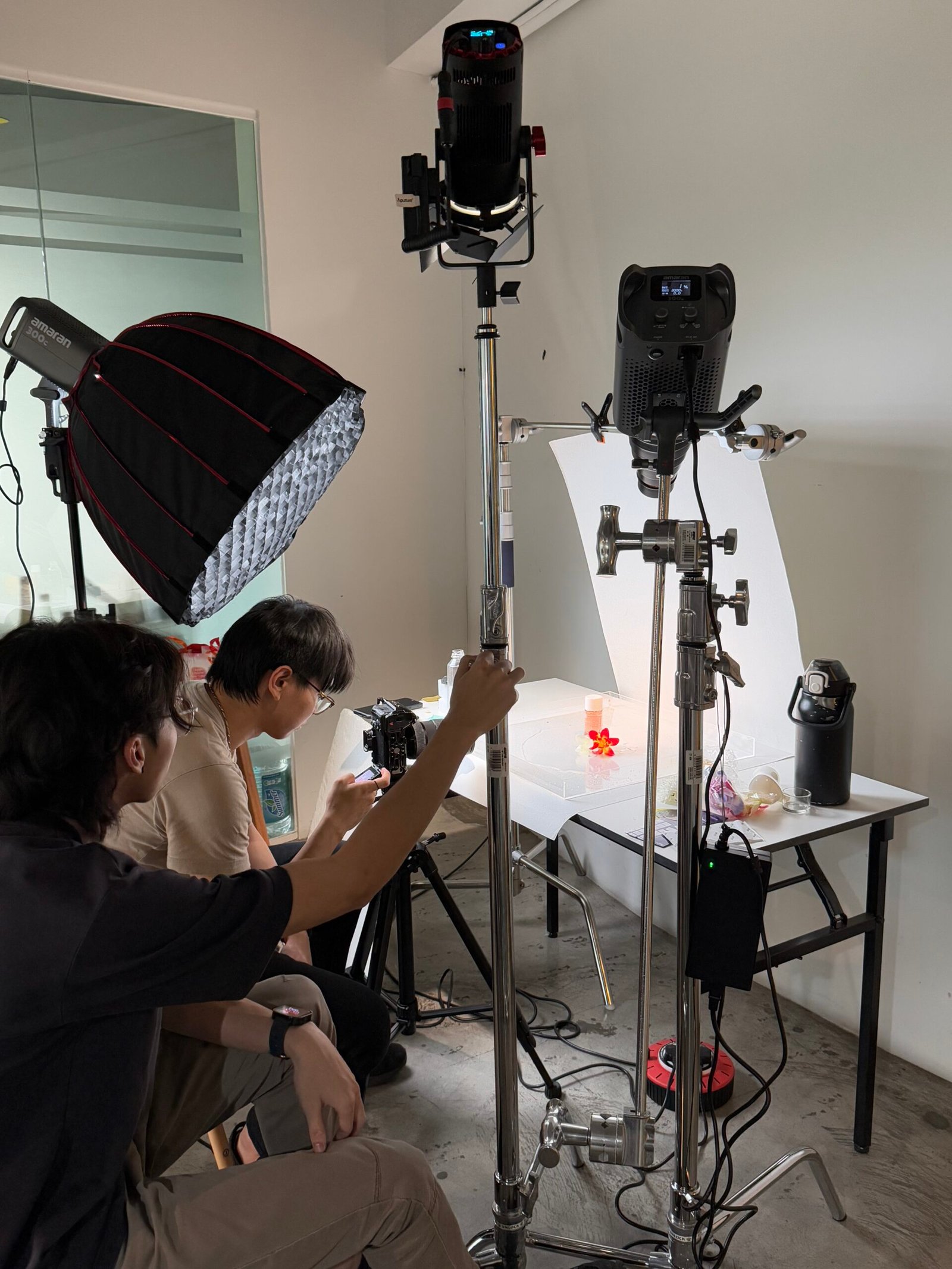 Photography setup with lighting equipment. video production process